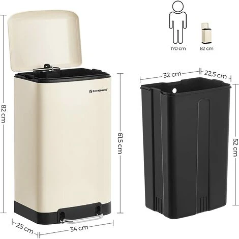 SONGMICS Rubbish Bin, 30L Trash Can, Steel Pedal Bin, With Inner Bucket And Lid, Soft Closure, Airtight, For Kitchen, Living Room, Cloud White LTB001A01 5 SONGMICS Rubbish Bin, 30L Trash Can, Steel Pedal Bin, With Inner Bucket And Lid, Soft Closure, Airtight, For Kitchen, Living Room, Cloud White LTB001A01 - Image 5