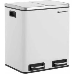 SONGMICS 30L Recycling Bin, Steel Rubbish Bin, Step Bin With Inner Bucket And Handles, 2 X 15 Liter For Kitchen, Soft Closure, Airtight, White LTB30WT