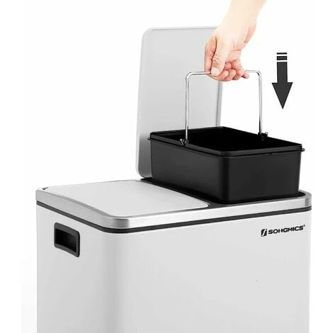 SONGMICS 30L Recycling Bin, Steel Rubbish Bin, Step Bin With Inner Bucket And Handles, 2 X 15 Liter For Kitchen, Soft Closure, Airtight, White LTB30WT 3 SONGMICS 30L Recycling Bin, Steel Rubbish Bin, Step Bin With Inner Bucket And Handles, 2 X 15 Liter For Kitchen, Soft Closure, Airtight, White LTB30WT - Image 3