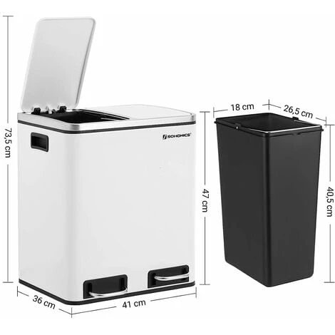SONGMICS 30L Recycling Bin, Steel Rubbish Bin, Step Bin With Inner Bucket And Handles, 2 X 15 Liter For Kitchen, Soft Closure, Airtight, White LTB30WT 5 SONGMICS 30L Recycling Bin, Steel Rubbish Bin, Step Bin With Inner Bucket And Handles, 2 X 15 Liter For Kitchen, Soft Closure, Airtight, White LTB30WT - Image 5
