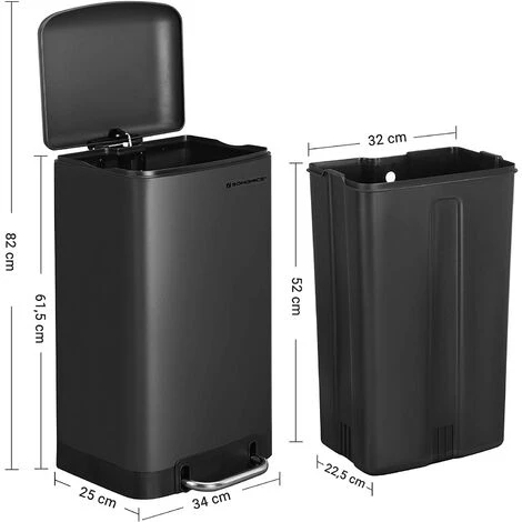 SONGMICS Rubbish Bin, 30L Trash Can, Steel Pedal Bin, With Inner Bucket And Lid, Soft Closure, Airtight, For Kitchen, Living Room, Black LTB01BK 5 SONGMICS Rubbish Bin, 30L Trash Can, Steel Pedal Bin, With Inner Bucket And Lid, Soft Closure, Airtight, For Kitchen, Living Room, Black LTB01BK - Image 5