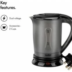 VonShef Travel Kettle With 2 Cups - Dual Voltage, Electric, 650W Wide Spout Kettle With Stackable Travel Cups & Boil Dry Protection- Portable, Lightweight & Compact Design- 0.5L/500ml Capacity- Black -Vonshef shop 54924545 3