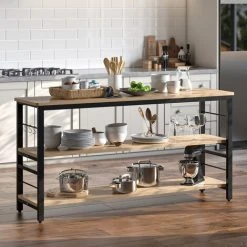 Livingandhome 160CM 3 Tier Wooden Kitchen Storage Rack Shelf Organizer With Hooks