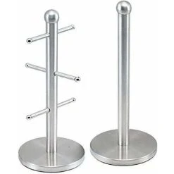 DAY PLUS Chrome Matching 6 Cup Mug Tree Save Space Drying Rack And Kitchen Paper Towel Tissue Roll Holder Set Non-Slip Rust-Proof Upright Stainless Steel