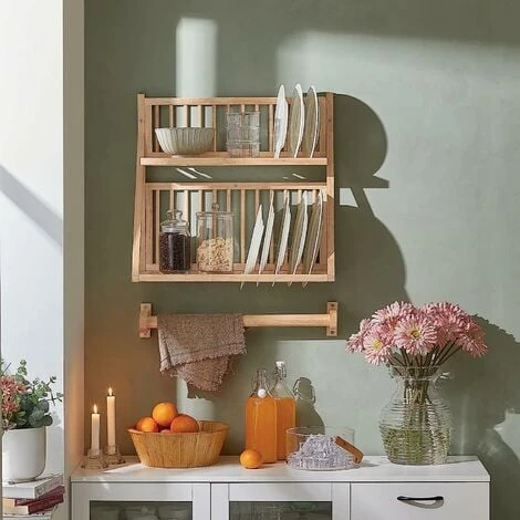 SoBuy Wall Mounted Rubber Wood Kitchen Plate Rack, KCR11-N 2 SoBuy Wall Mounted Rubber Wood Kitchen Plate Rack, KCR11-N - Image 2
