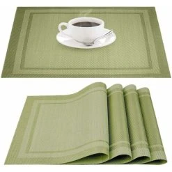 LITZEE Placemats Heat-Resistant Non-slip Stain-resistant Washable Placemats, Woven Vinyl Double Border Table Mats, Set Of 4 (Green)