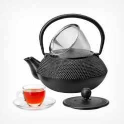 VonShef Cast Iron Teapot Tetsubin Japanese Style Black Hobnail - 5 Cup Capacity - Stainless Steel Infuser Included