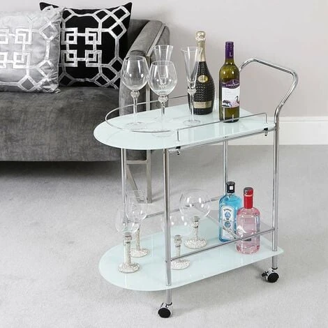 VANITY LIVING 2 Tier Tea Wine Drinks Trolley On Wheels, 80cm Metal Mini Bar Cart With Tempered Glass Shelves 2 VANITY LIVING 2 Tier Tea Wine Drinks Trolley On Wheels, 80cm Metal Mini Bar Cart With Tempered Glass Shelves - Image 2