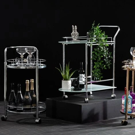 VANITY LIVING 2 Tier Tea Wine Drinks Trolley On Wheels, 80cm Metal Mini Bar Cart With Tempered Glass Shelves 3 VANITY LIVING 2 Tier Tea Wine Drinks Trolley On Wheels, 80cm Metal Mini Bar Cart With Tempered Glass Shelves - Image 3