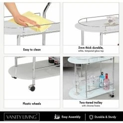 VANITY LIVING 2 Tier Tea Wine Drinks Trolley On Wheels, 80cm Metal Mini Bar Cart With Tempered Glass Shelves 9 VANITY LIVING 2 Tier Tea Wine Drinks Trolley On Wheels, 80cm Metal Mini Bar Cart With Tempered Glass Shelves -Vonshef shop 58089076 5