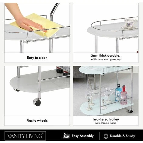 VANITY LIVING 2 Tier Tea Wine Drinks Trolley On Wheels, 80cm Metal Mini Bar Cart With Tempered Glass Shelves 5 VANITY LIVING 2 Tier Tea Wine Drinks Trolley On Wheels, 80cm Metal Mini Bar Cart With Tempered Glass Shelves - Image 5
