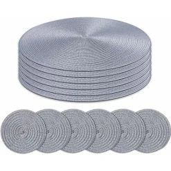 OSQI Round Placemats And Coasters Set Of 6 Braided Woven Table Place Mats For Dining Table(Grey)