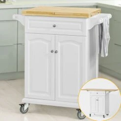 SoBuy Elegant Kitchen Trolley Kitchen Island Kitchen Cabinet With Extendable Worktop FKW36-WN + Free Wall Coat Rack FRG54-W -Vonshef shop 5890652 3