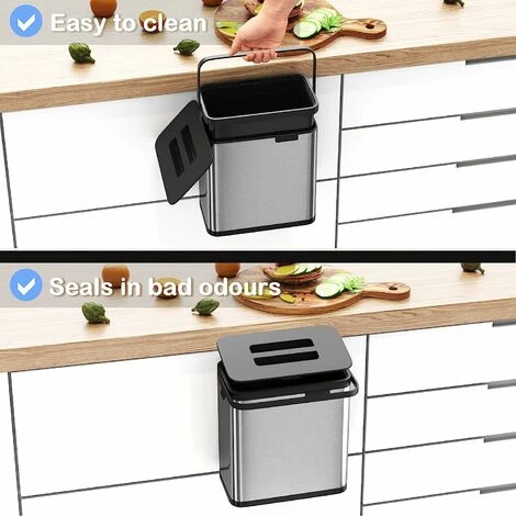 OSQI Kitchen Bin,Trash Can,Wall Mounted For Cupboard Door Hanging Trash Can,Anti-Fingerprint Stainless Steel Metal Bin (3L) 2 OSQI Kitchen Bin,Trash Can,Wall Mounted For Cupboard Door Hanging Trash Can,Anti-Fingerprint Stainless Steel Metal Bin (3L) - Image 2