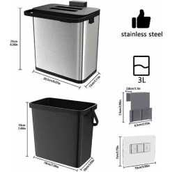 OSQI Kitchen Bin,Trash Can,Wall Mounted For Cupboard Door Hanging Trash Can,Anti-Fingerprint Stainless Steel Metal Bin (3L) 7 OSQI Kitchen Bin,Trash Can,Wall Mounted For Cupboard Door Hanging Trash Can,Anti-Fingerprint Stainless Steel Metal Bin (3L) -Vonshef shop 59337060 3