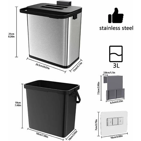 OSQI Kitchen Bin,Trash Can,Wall Mounted For Cupboard Door Hanging Trash Can,Anti-Fingerprint Stainless Steel Metal Bin (3L) 3 OSQI Kitchen Bin,Trash Can,Wall Mounted For Cupboard Door Hanging Trash Can,Anti-Fingerprint Stainless Steel Metal Bin (3L) - Image 3