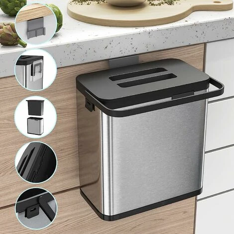 OSQI Kitchen Bin,Trash Can,Wall Mounted For Cupboard Door Hanging Trash Can,Anti-Fingerprint Stainless Steel Metal Bin (3L) 4 OSQI Kitchen Bin,Trash Can,Wall Mounted For Cupboard Door Hanging Trash Can,Anti-Fingerprint Stainless Steel Metal Bin (3L) - Image 4