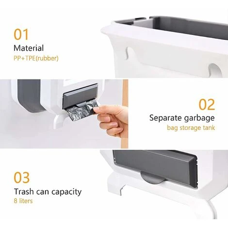 OSQI Kitchen Bin Plastic Folding Wall Mounted For Cupboard Door Hanging Trash Can 8L (White) 4 OSQI Kitchen Bin Plastic Folding Wall Mounted For Cupboard Door Hanging Trash Can 8L (White) - Image 4