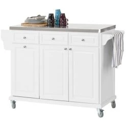 SoBuy Luxury Kitchen Storage Island With Stainless Steel Worktop,White,FKW33-W+ Free Wall Coat Rack FRG54-W