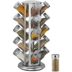 Relaxdays Spice Rack, 20 Glass Jars, Rotatable, Stainless Steel, H X D: Approx. 34 X 22 Cm, Silver