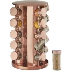Relaxdays Spice Rack, 20 Glass Jars, Rotatable, Stainless Steel, H X D: Approx. 34 X 22 Cm, Copper
