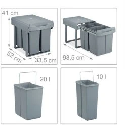 Relaxdays Built-in Waste Bin 3 Compartments 20 And 2x10 L, Pull-out Disposal Unit, Recycling, HxWxD: 41x33.5x52 Cm, Grey -Vonshef shop 61317768 4