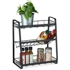 Relaxdays Metal Spice Rack, 3 Tiers, Standing Jar Holder, For Herbs, Kitchen Organiser, HxWxD: 38 X 35 X 18.5 Cm, Black