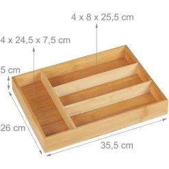 Relaxdays Cutlery Tray, 4 Compartments, Bamboo, 5 X 26 X 35.5 Cm, Small Kitchen Drawer Insert, For Utensils, Natural -Vonshef shop 61319912 4