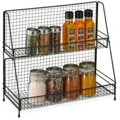 Relaxdays Metal Spice Rack, 2 Tiers, Standing Jar Holder, For Herbs, Kitchen Organiser, HxWxD: 35 X 40 X 16 Cm, Black