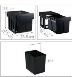 Relaxdays Built-in Waste Bin 2 Compartment 15L Each, Pull-out Disposal Unit, Recycling, HWD: 35 X 33.5 X 47.5 Cm, Black 8 Relaxdays Built-in Waste Bin 2 Compartment 15L Each, Pull-out Disposal Unit, Recycling, HWD: 35 X 33.5 X 47.5 Cm, Black -Vonshef shop 61996076 4