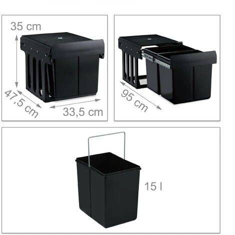 Relaxdays Built-in Waste Bin 2 Compartment 15L Each, Pull-out Disposal Unit, Recycling, HWD: 35 X 33.5 X 47.5 Cm, Black 4 Relaxdays Built-in Waste Bin 2 Compartment 15L Each, Pull-out Disposal Unit, Recycling, HWD: 35 X 33.5 X 47.5 Cm, Black - Image 4