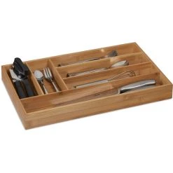 Relaxdays Cutlery Tray, 6 Compartments, Bamboo, 5 X 27.5 X 46 Cm, Narrow Kitchen Drawer Insert For Utensils, Natural