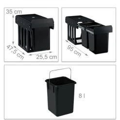 Relaxdays Built-in Waste Bin 2 Compartment 8L Each, Pull-out Disposal Unit, Recycling, HxWxD: 35 X 25.5 X 47.5 Cm, Black -Vonshef shop 62151289 4