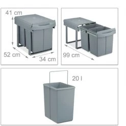 Relaxdays Built-in Waste Bin 2 Compartment 20 Volume Each, Pull-out Disposal Unit, Recycling, HWD: 41 X 34 X 52 Cm, Grey -Vonshef shop 62287744 4