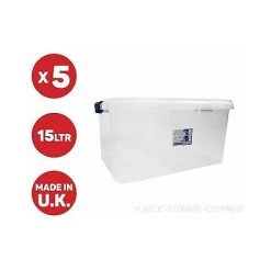 Viss 5 X 15 LITRE PLASTIC STORAGE BOX! TOYS SHOES - BLACK BOX WITH CLIPS - PACK OF 5!