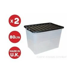 Viss 2 X 80 LITRE PLASTIC STORAGE BOX -X LARGE -STRONG CONTAINER -BLACK LID - CHEAP!