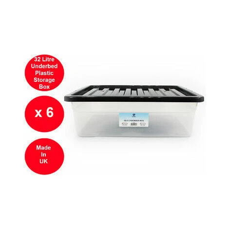 Viss 6 X 32 LITRE UNDERBED BLACK LID PLASTIC BOX HOME SHOES CLOTHES PACK OF 6 CHEAP! 1 Viss 6 X 32 LITRE UNDERBED BLACK LID PLASTIC BOX HOME SHOES CLOTHES PACK OF 6 CHEAP!