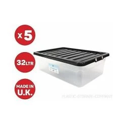 Viss 5 X 32 LITRE UNDER-BED PLASTIC STORAGE BOX - CLEAR BOX WITH BLACK LID - CHEAP!!
