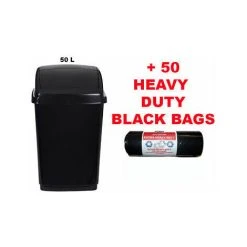 Viss PLASTIC WASTE BIN 50L RECTANGULAR RUBBISH BIN BLACK WITH 50 FREE BLACK BAGS