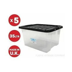 Viss 5 X 35 LITRE PLASTIC STORAGE BOX WITH BLACK LID! HEAVY STRONG BOX - USEFUL BOX!!