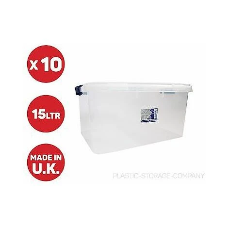Viss 10x 15 LITRE PLASTIC STORAGE BOX! TOYS SHOES -CLEAR BOX WITH CLIPS - PACK OF 10! 1 Viss 10x 15 LITRE PLASTIC STORAGE BOX! TOYS SHOES -CLEAR BOX WITH CLIPS - PACK OF 10!