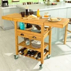 SoBuy Bamboo Kitchen Storage Trolley Cart With Folding Worktop, FKW25-N