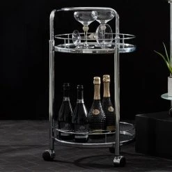 VANITY LIVING 2 Tier Tea Wine Drinks Trolley On Wheels, 79cm Metal Mini Bar Cart With Tempered Glass Shelves