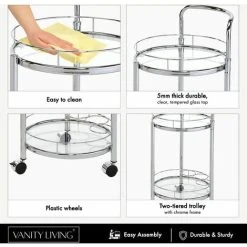 VANITY LIVING 2 Tier Tea Wine Drinks Trolley On Wheels, 79cm Metal Mini Bar Cart With Tempered Glass Shelves 9 VANITY LIVING 2 Tier Tea Wine Drinks Trolley On Wheels, 79cm Metal Mini Bar Cart With Tempered Glass Shelves -Vonshef shop 66555272 5