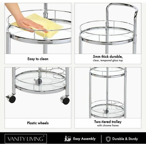 VANITY LIVING 2 Tier Tea Wine Drinks Trolley On Wheels, 79cm Metal Mini Bar Cart With Tempered Glass Shelves 5 VANITY LIVING 2 Tier Tea Wine Drinks Trolley On Wheels, 79cm Metal Mini Bar Cart With Tempered Glass Shelves - Image 5