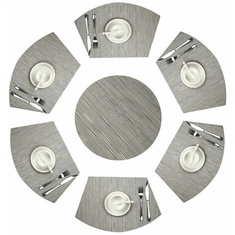 ECHOO Round Placemats Set Of 7 PVC Table Mat Wedge Set Table Heat Resistant Washable (Silver Grey) 1 ECHOO Round Placemats Set Of 7 PVC Table Mat Wedge Set Table Heat Resistant Washable (Silver Grey)