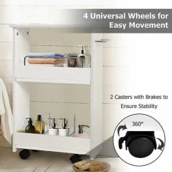 Alternative view of COSTWAY Slim Rolling Storage Cart, 2-Tier Narrow Slide Out Trolley With Open Shelves, Metal Dividers And Towel Bar, Freestanding Bathroom Storage Cabinet On Wheels For Kitchen And Laundry Room