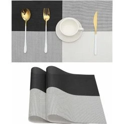 MONLY Set Of 2 Woven Placemats, Washable, Non-Slip, Washable, PVC, Non-Slip, Heat Resistant, Home Use, Cafes, Restaurants, Black And White Grid