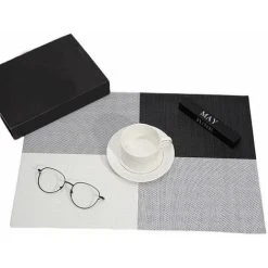 MONLY Set Of 2 Woven Placemats, Washable, Non-Slip, Washable, PVC, Non-Slip, Heat Resistant, Home Use, Cafes, Restaurants, Black And White Grid -Vonshef shop 68264206 4
