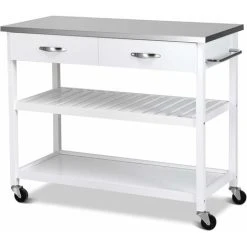 COSTWAY Kitchen Storage Trolley, 116x53x93cm Mobile Serving Cart With Stainless Steel Worktop And Towel Bar, Portable Storage Island On Wheels For Home Office Restaurant (White Body)